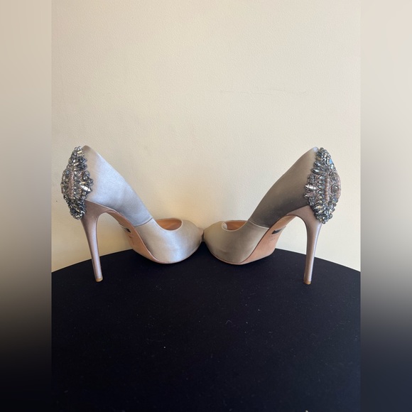 Badgley Mischka Latte Satin Embellished Peep Toe Heels - Picture 5 of 6